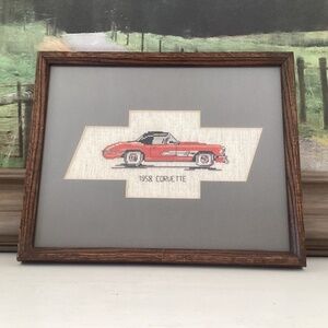 Hand Stitched Corvette Stingray Cross Stitch W/Frame 12”x15” Vintage Sports Car